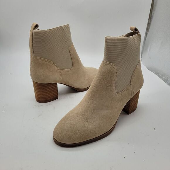 New Beige Leather ankle Boots Violet & Red Loaded Stacked Heel Neutral Size 8.5 - Picture 2 of 9